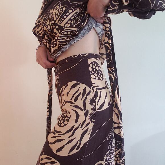 ZARA Printed Linen Blend Wrap Top & Maxi Skirt Ruffles Brown & Cream Size XS - Picture 8 of 11